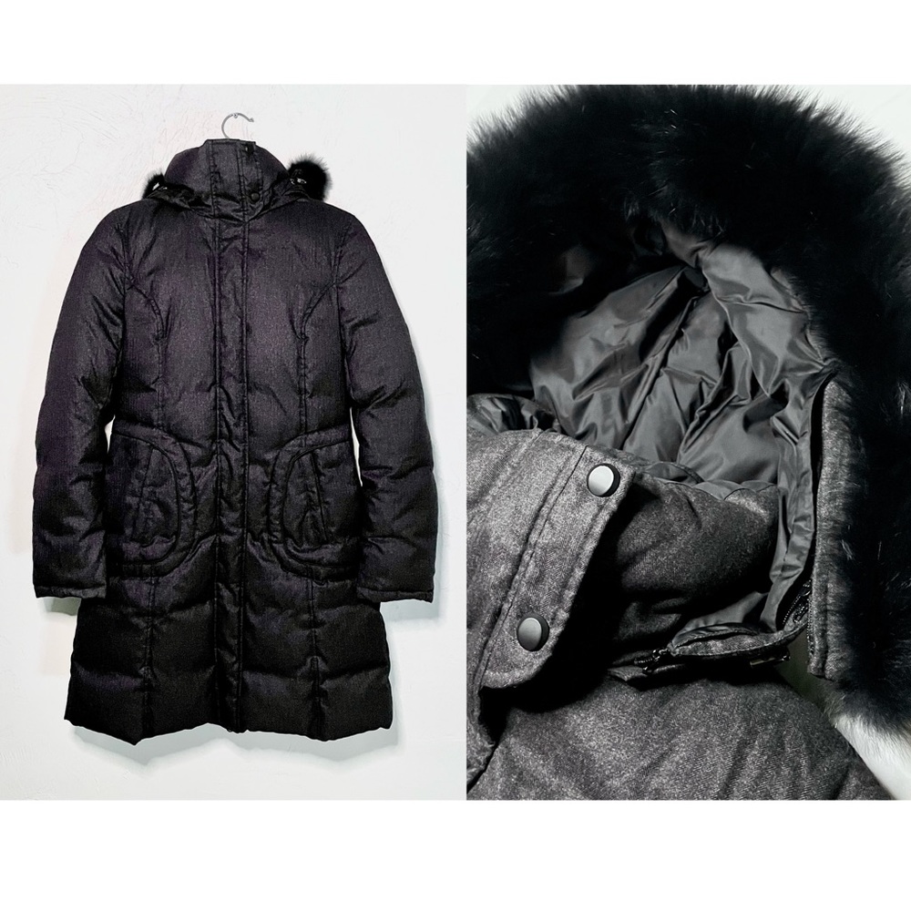 Soia & Kyo Genuine Fox Fur Trim Hooded Mid-Length Quilted Down Puffer Coat